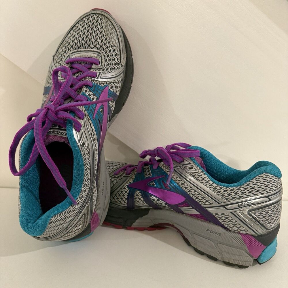 Brooks Adrenaline GTS 17 Running Womens Shoes Size 9.5 Gray Silver Purple Blue